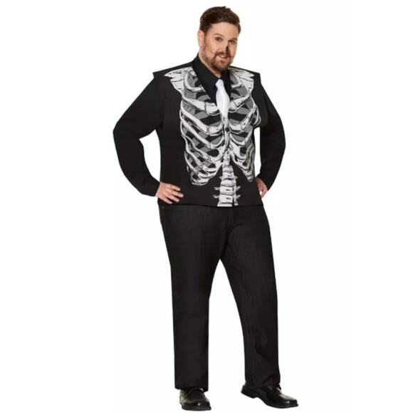 Ribcage Bones Vest Black White Button Adult Halloween Costume One Size XXL - Picture 2 of 7